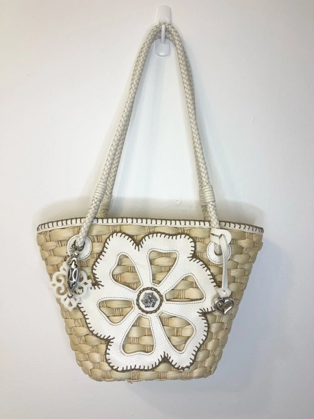 Brighton Woven Straw Tote with White Flower Accent EUC